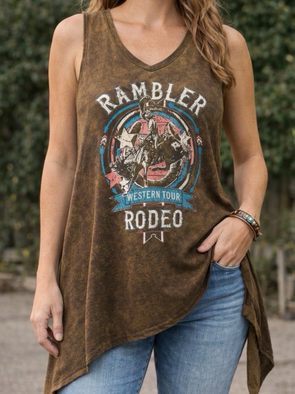 Panhandle Slim Rambler Rodeo Tank Top Women’s Western Graphic Acid Wash Sz L